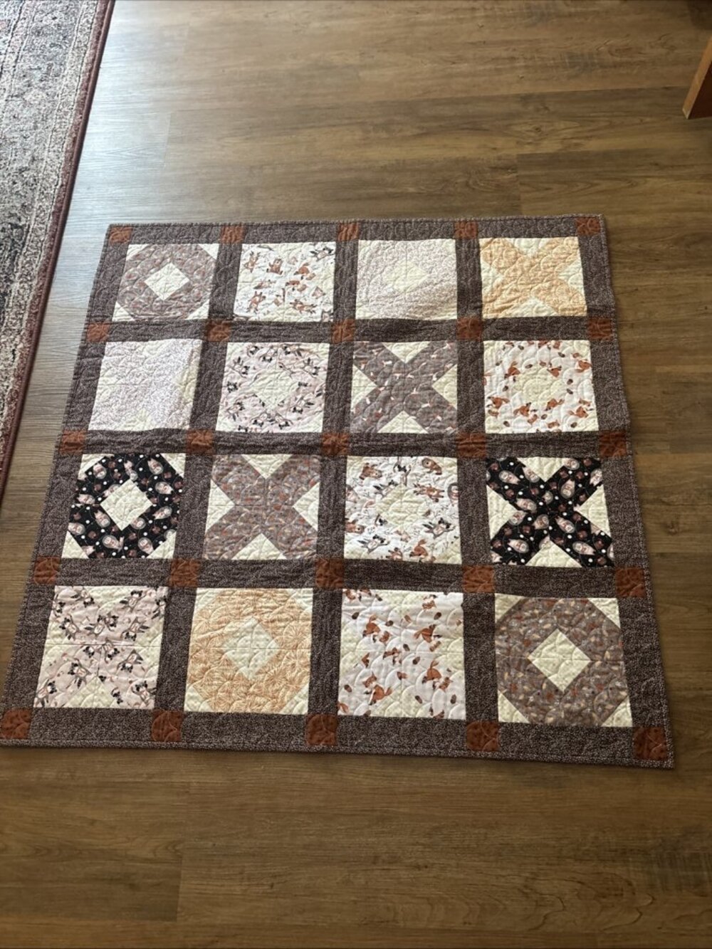 Brown Tic Tax Toe Quilt Handmade Size 42 X 42 Throw Or Nursery